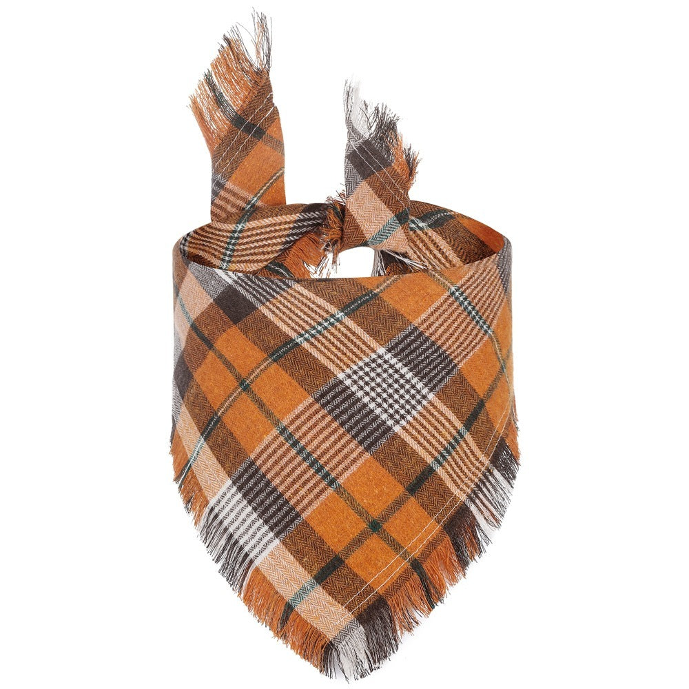 Vivifying Fall Dog Bandana With Tassels Edges Classic Plaid Triangle