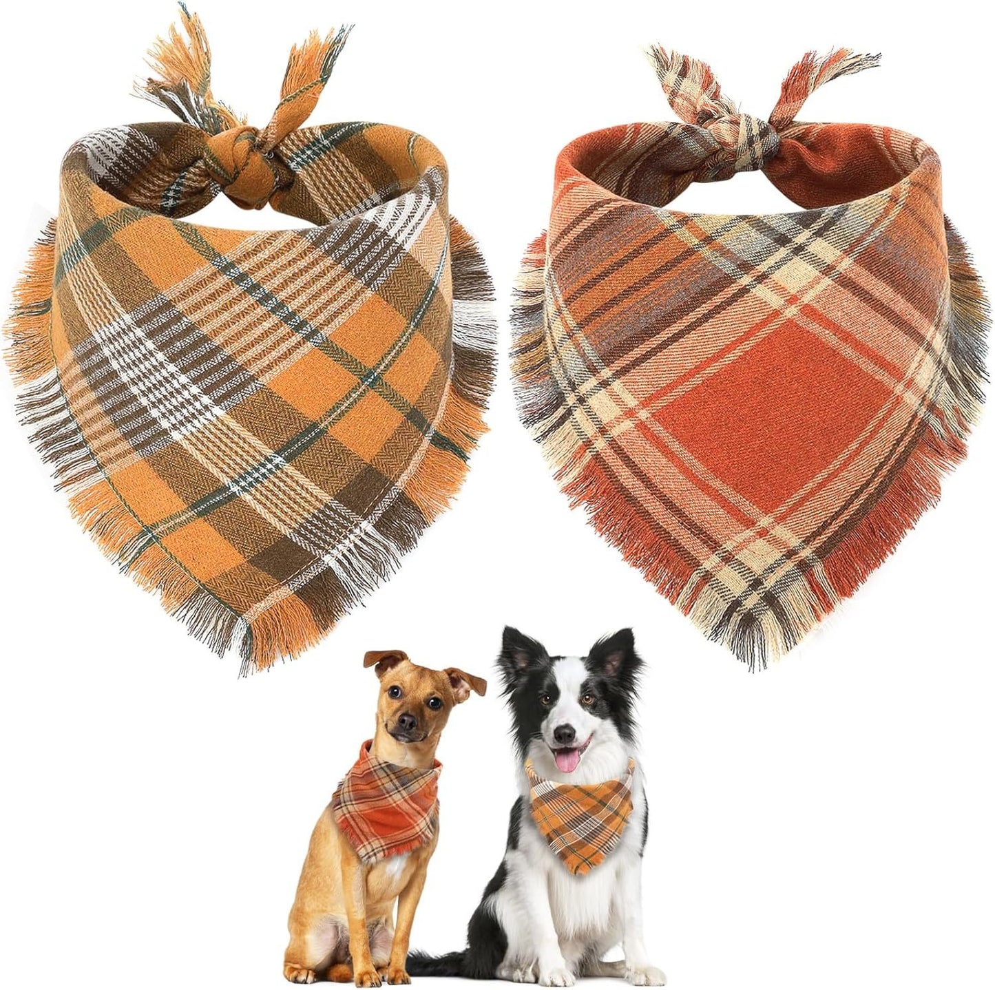 Vivifying Fall Dog Bandana With Tassels Edges Classic Plaid Triangle