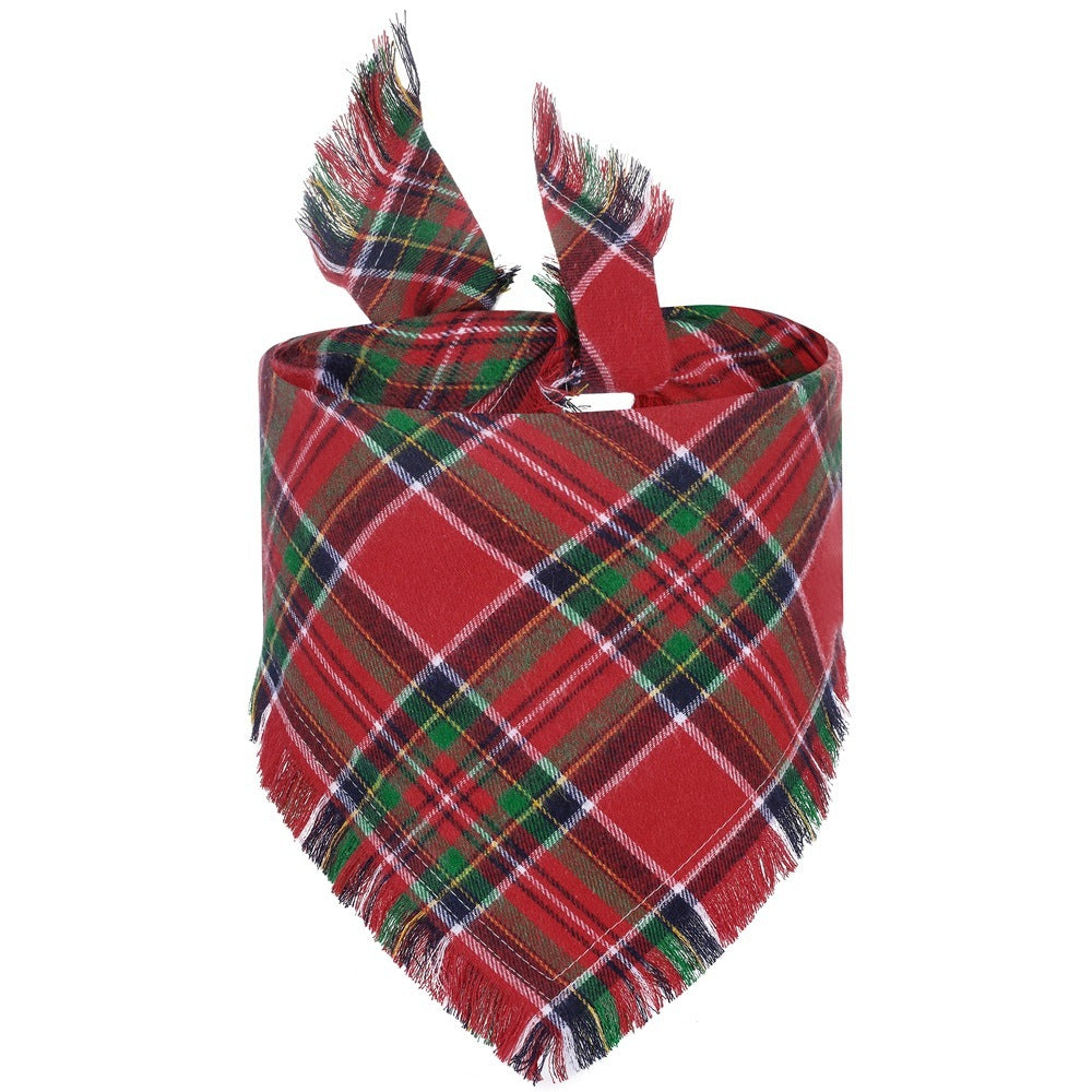 Vivifying Fall Dog Bandana With Tassels Edges Classic Plaid Triangle