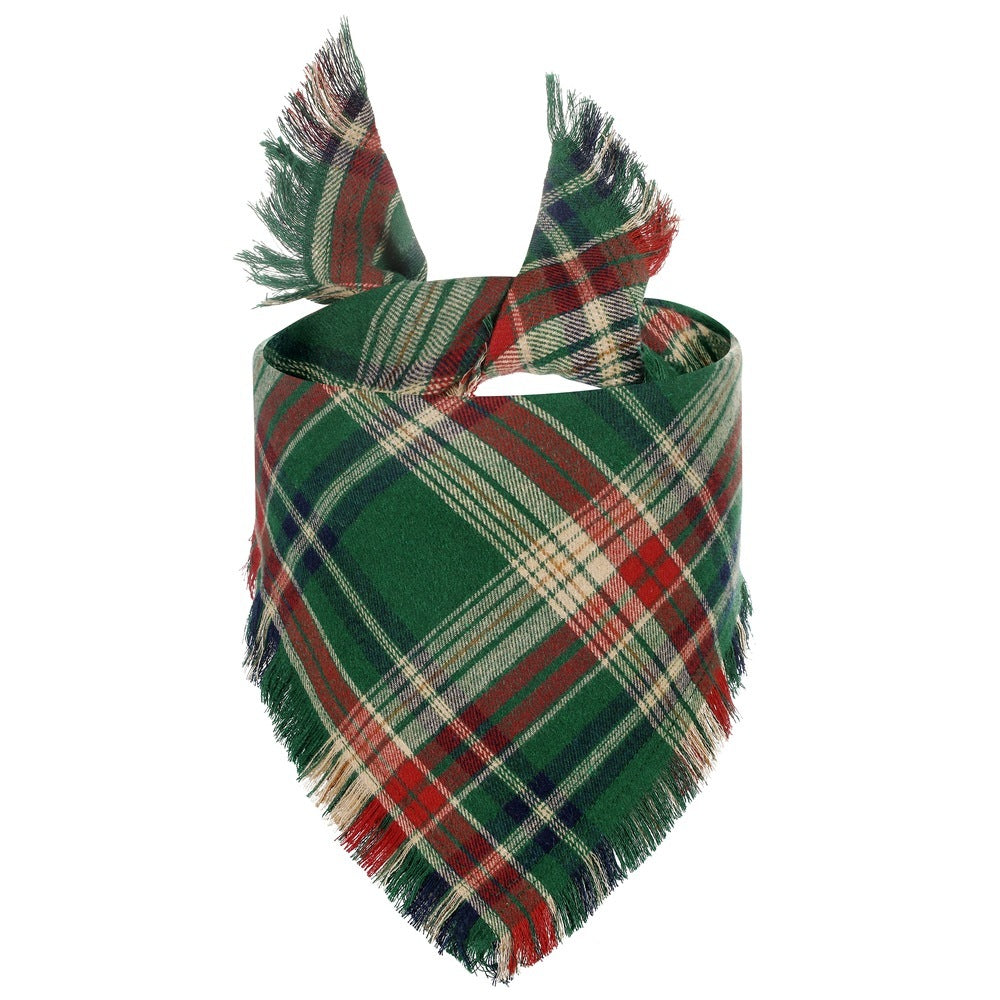 Vivifying Fall Dog Bandana With Tassels Edges Classic Plaid Triangle