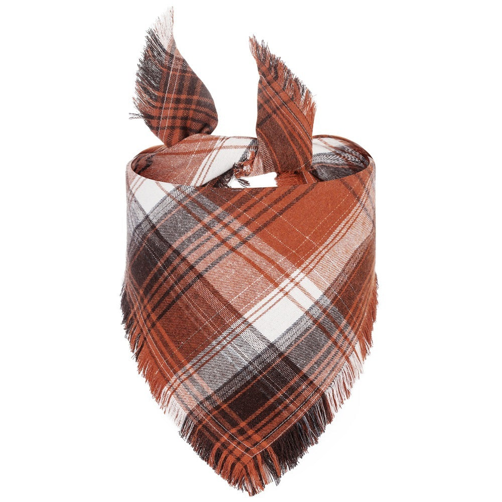 Vivifying Fall Dog Bandana With Tassels Edges Classic Plaid Triangle